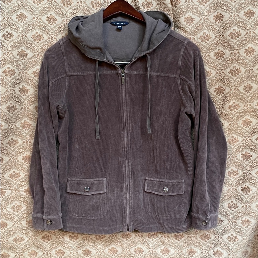 EUC Lands' End Women’s Olive Brown Zip-Up Hooded Sweater RIBBED CHENILLE Pockets